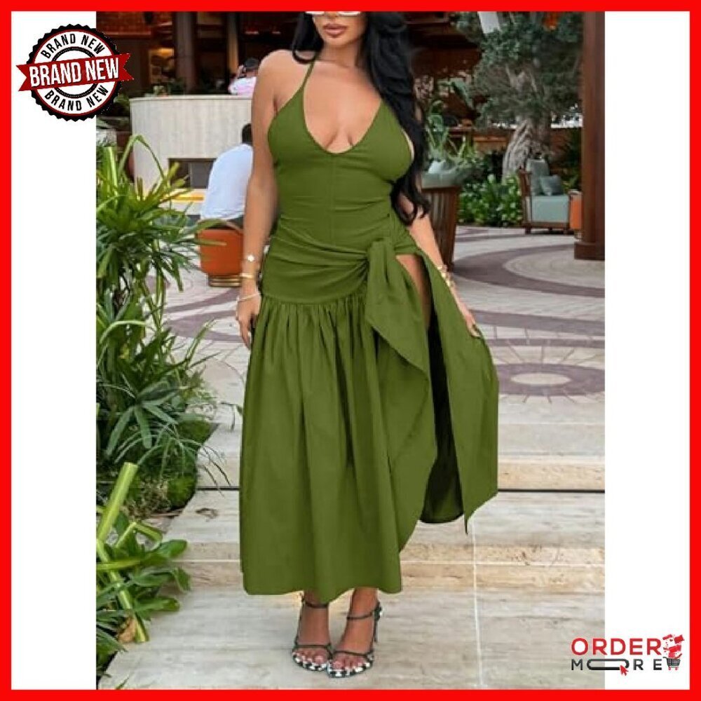 Sexy Halter Backless Bodysuit Wrap Maxi Skirt Two Piece Set - Picture 6 of 8